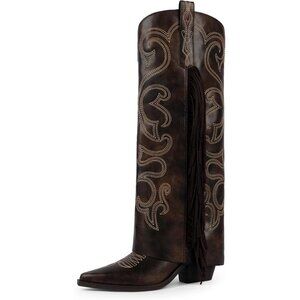 Women's Brown Knee High Fold Over Fringe Western Embroidery Pointy Toe Chunky